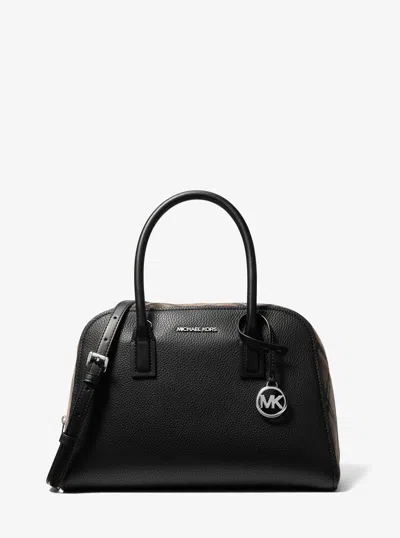 Michael Kors Outlet Ashton Medium Smooth And Plaid Wool Blend Satchel In Black