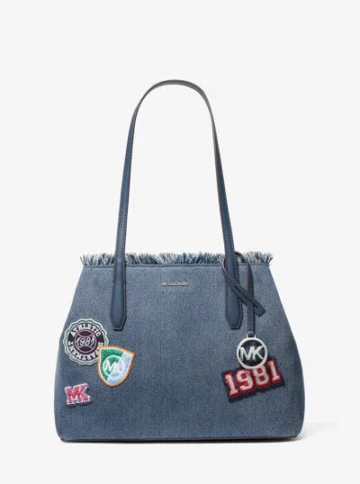 Michael Kors Outlet Avalon Medium Embellished Denim Convertible Tote Bag In Blue
