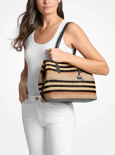 Michael Kors Outlet Avalon Medium Striped Woven Tote Bag In Brown