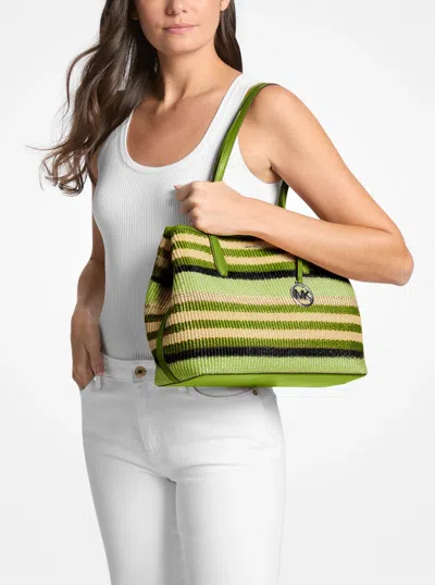 Michael Kors Outlet Avalon Medium Striped Woven Tote Bag In Green