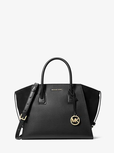 Michael Kors Outlet Avril Large Leather And Suede Satchel In Black