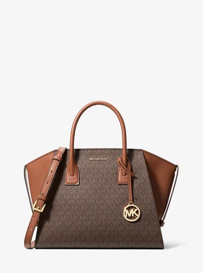 Michael Kors Outlet Avril Large Signature Logo Satchel In Brown