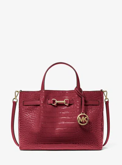 Michael Kors Outlet Carson Medium Crocodile Embossed Satchel In Red
