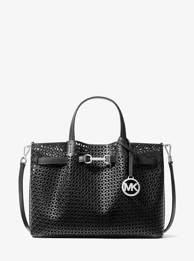 Michael Kors Outlet Carson Medium Floral Laser Cut Satchel In Black