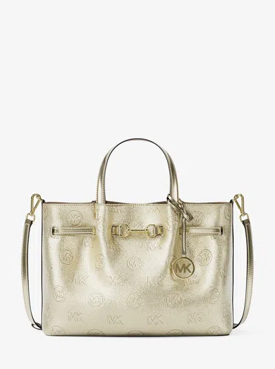 Michael Kors Outlet Carson Medium Metallic Logo Debossed Satchel In Gold