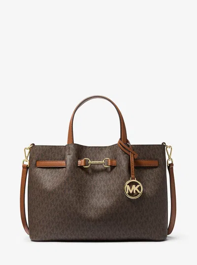 Michael Kors Outlet Carson Medium Signature Logo Satchel In Brown