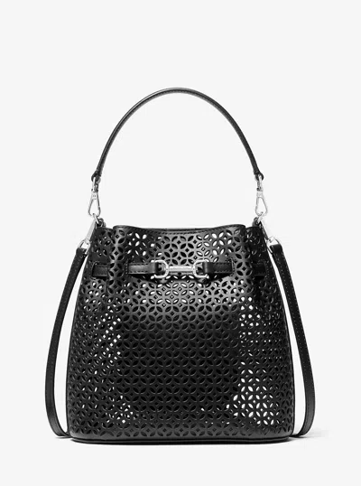 Michael Kors Outlet Carson Small Floral Laser Cut Bucket Crossbody Bag In Black