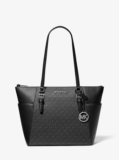 Michael Kors Outlet Charlotte Large Logo And Leather Top-zip Tote Bag In Black