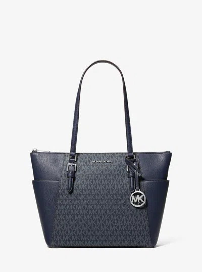 Michael Kors Outlet Charlotte Large Logo And Leather Top-zip Tote Bag In Blue