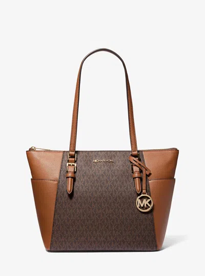 Michael Kors Outlet Charlotte Large Logo And Leather Top-zip Tote Bag In Brown