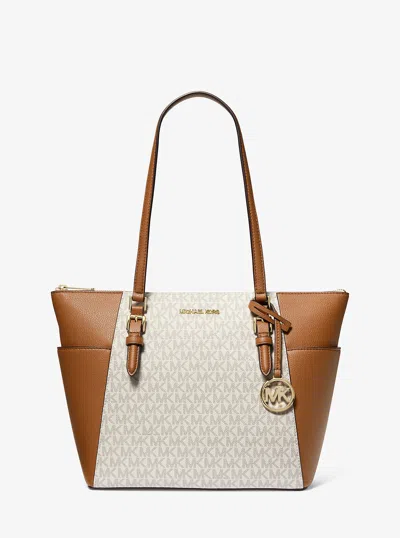 Michael Kors Outlet Charlotte Large Logo And Leather Top-zip Tote Bag In White