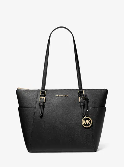 Michael Kors Outlet Charlotte Large Saffiano Leather Top-zip Tote Bag In Black