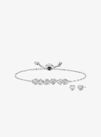 Michael Kors Outlet Cubic Zirconia Hearts Slider Bracelet And Stud Earrings In Silver