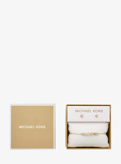 Michael Kors Outlet Cubic Zirconia Hearts Slider Bracelet And Stud Earrings In Silver