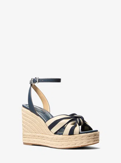 Michael Kors Outlet Elena Striped Linen Blend Wedge Sandal In Blue