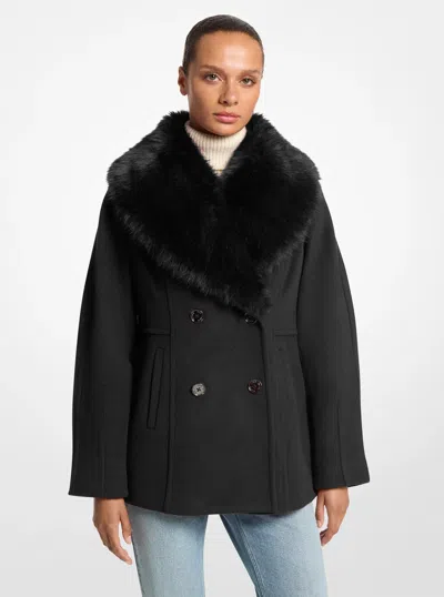 Michael Kors Outlet Faux Fur Collar Wool Blend Peacoat In Black