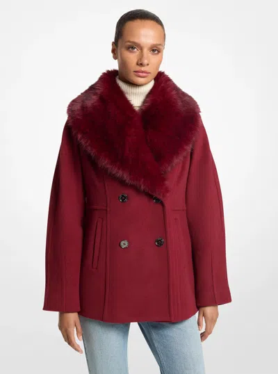 Michael Kors Outlet Faux Fur Collar Wool Blend Peacoat In Red