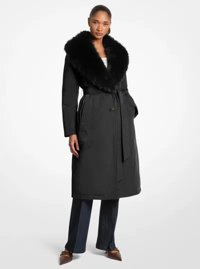 Michael Kors Outlet Faux Fur Collar Woven Belted Coat In Multi
