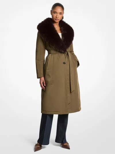 Michael Kors Outlet Faux Fur Collar Woven Belted Coat In Green