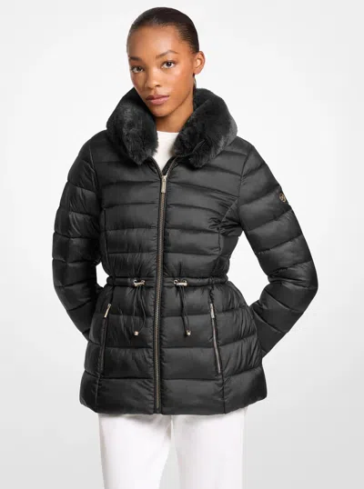 Michael Kors Outlet Faux Fur Quilted Puffer Jacket In Black