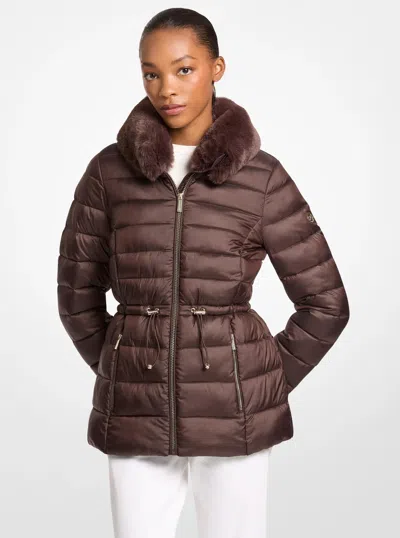 Michael Kors Outlet Faux Fur Quilted Puffer Jacket In Brown