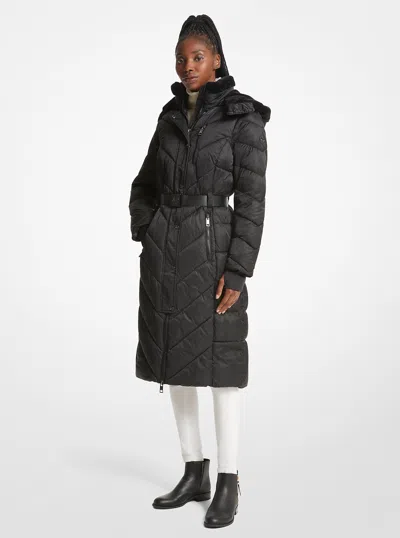 Michael Kors Outlet Faux Fur Trim Belted Puffer Coat In Black