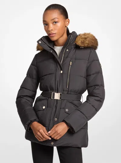 Michael Kors Outlet Faux Fur Trim Belted Puffer Jacket In Black