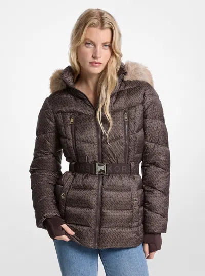 Michael Kors Outlet Faux Fur Trim Belted Puffer Jacket In Brown