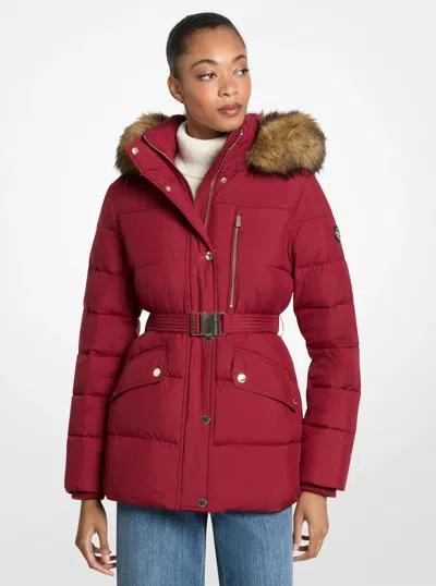 Michael Kors Outlet Faux Fur Trim Belted Puffer Jacket In Red
