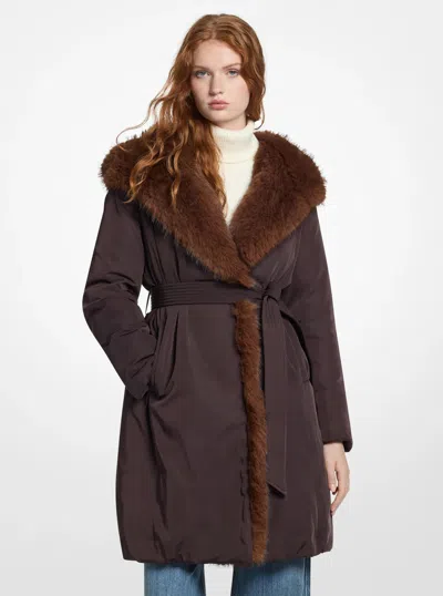 Michael Kors Outlet Faux Fur Trim Puffer Jacket In Brown