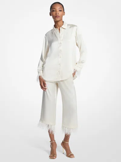 Michael Kors Outlet Feather Trim Satin Pajama Pants In White