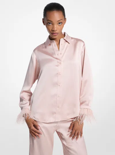 Michael Kors Outlet Feather Trim Satin Pajama Shirt In Pink