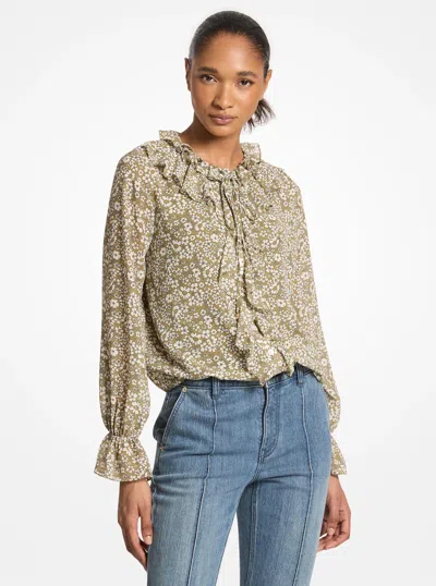 Michael Kors Outlet Floral Print Georgette Ruffle Blouse In Multi