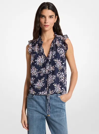 Michael Kors Outlet Floral Print Georgette Tie-neck Blouse In Blue