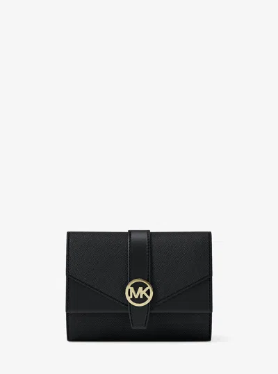 Michael Kors Outlet Greenwich Medium Saffiano Leather Trifold Wallet In Black