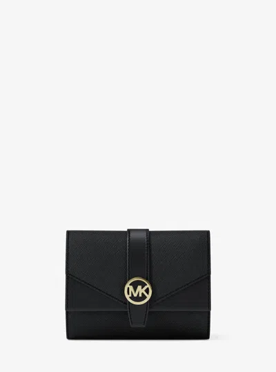 Michael Kors Outlet Greenwich Medium Saffiano Leather Trifold Wallet In Black