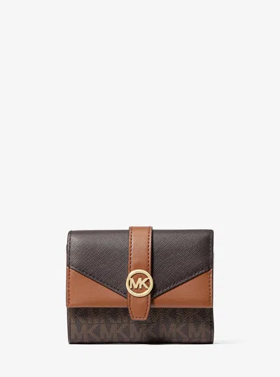 Michael Kors Outlet Greenwich Medium Signature Logo Trifold Wallet In Brown