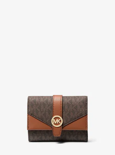Michael Kors Outlet Greenwich Medium Signature Logo Trifold Wallet In Brown
