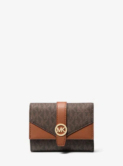 Michael Kors Outlet Greenwich Medium Signature Logo Trifold Wallet In Brown