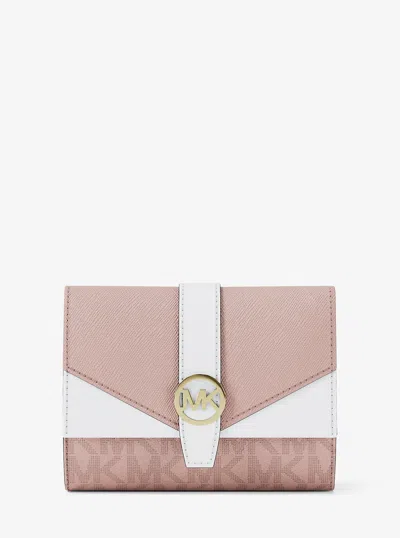 Michael Kors Outlet Greenwich Medium Signature Logo Trifold Wallet In Pink