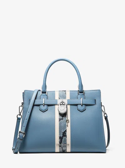 Michael Kors Outlet Hamilton Medium Leather And Snake Embossed Stripe Satchel In Blue