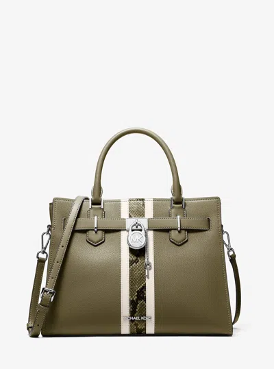 Michael Kors Outlet Hamilton Medium Leather And Snake Embossed Stripe Satchel In Green