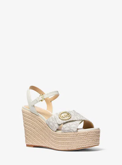 Michael Kors Outlet Hannah Signature Logo Wedge Sandal In White