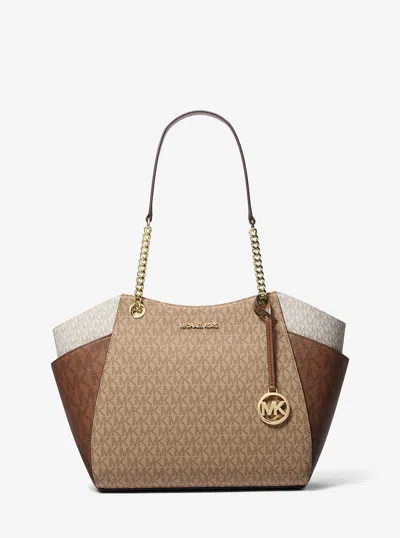 Michael Kors Outlet Jet Set Large Color-block Signature Logo Tote Bag In Brown