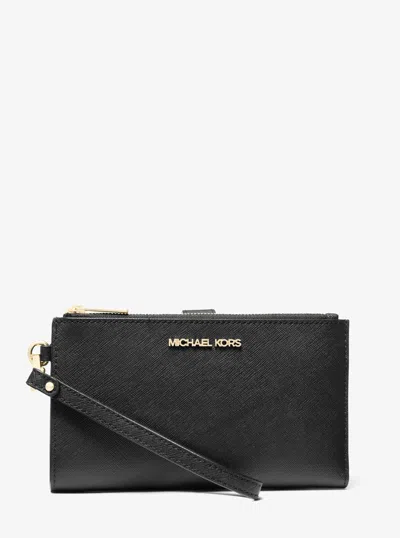 Michael Kors Outlet Jet Set Large Leather Smartphone Wristlet Wallet In Black