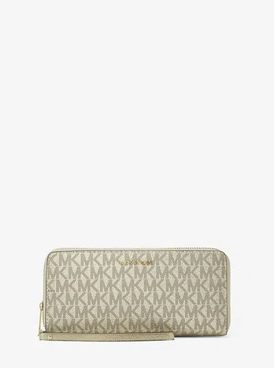 Michael Kors Outlet Jet Set Large Metallic Signature Logo Continental Wallet In Neutral