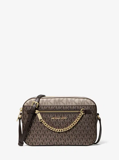Michael Kors Outlet Jet Set Large Metallic Signature Logo Crossbody Bag In Brown