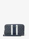 Michael Kors Outlet Jet Set Large Metallic Signature Logo Stripe Smartphone Wallet In Blue