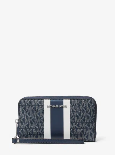 Michael Kors Outlet Jet Set Large Metallic Signature Logo Stripe Smartphone Wallet In Blue
