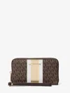 Michael Kors Outlet Jet Set Large Metallic Signature Logo Stripe Smartphone Wallet In Brown